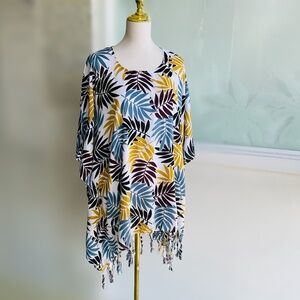 0075/ Leaves Pattern Poncho, Kimono Poncho